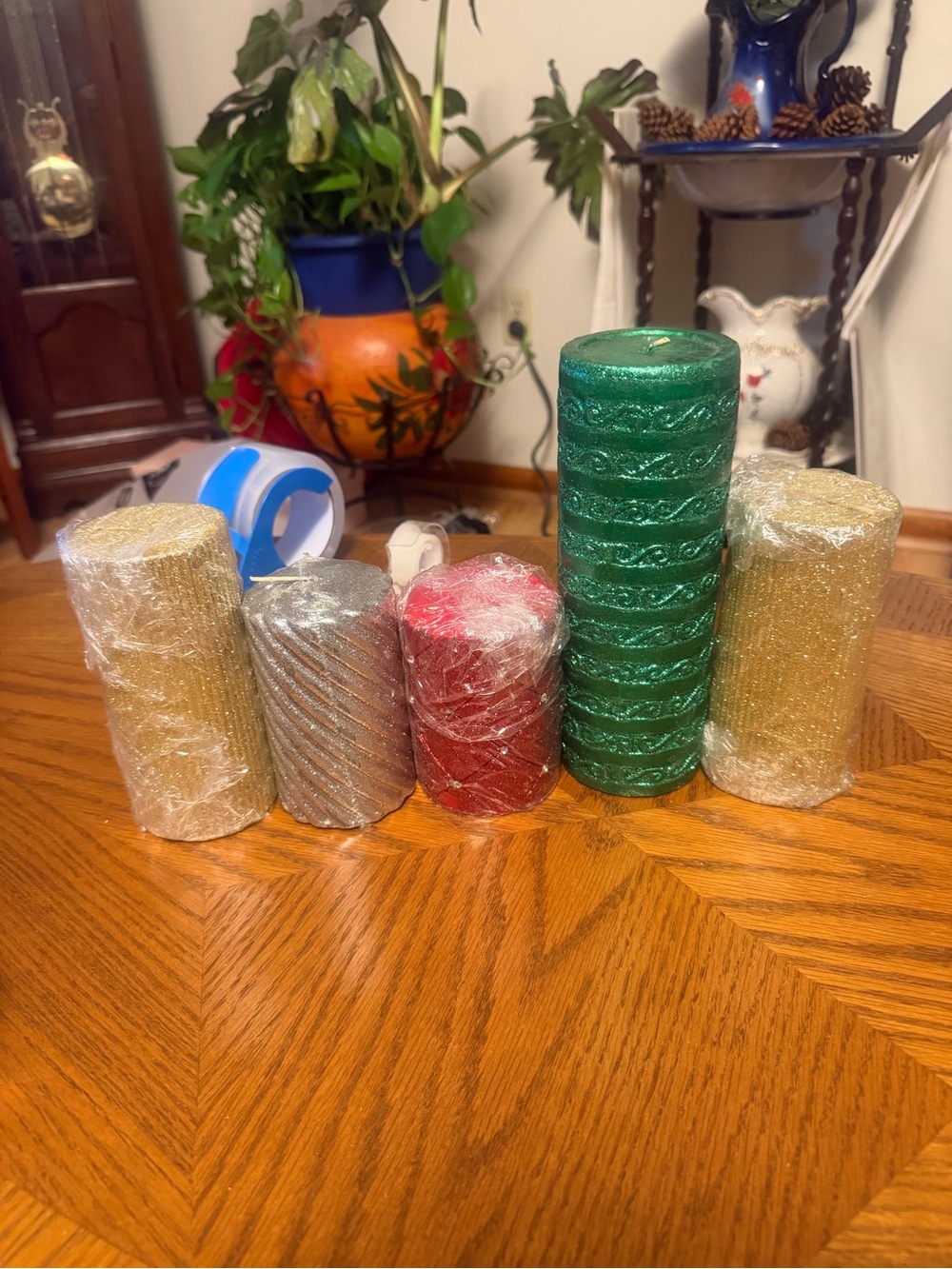 Sparkling Holiday Pillar Candle Set - Green, Red, Silver, Gold